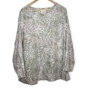 Christian Siriano Women’s 100% Linen Blouse Palm Print Button Down Long Sleeve